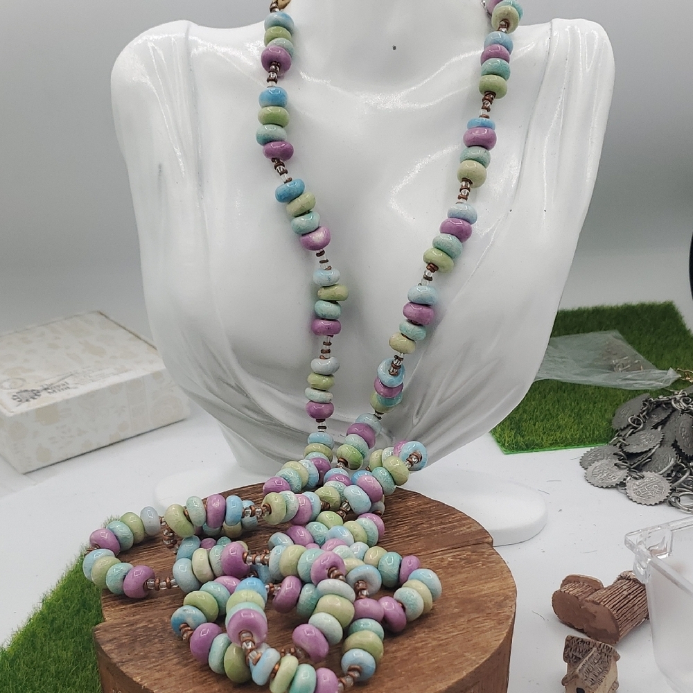 Pastel Beaded Long Glass Necklace - Multicolor 50 Inch N3912